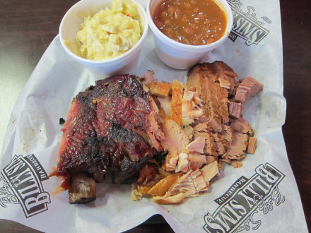 Ribs, chicken, brisket, potato salad, beans