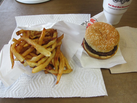 Takeout order of burger and fries from Johnnie's Express