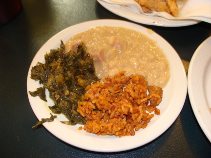 Collard greens, jambalaya, and white beans