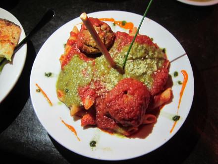 Christmas pasta with Italian red sauce and green chile